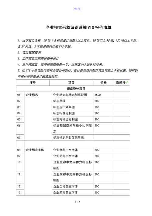 企业视觉形象识别系统VIS报价应用清单.doc