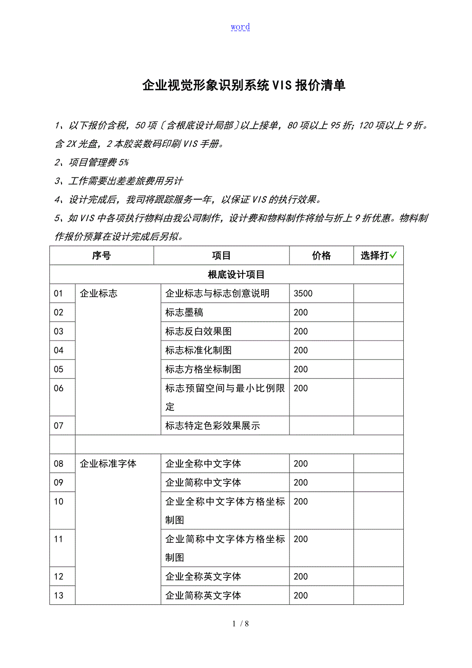 企业视觉形象识别系统VIS报价应用清单.doc_第1页