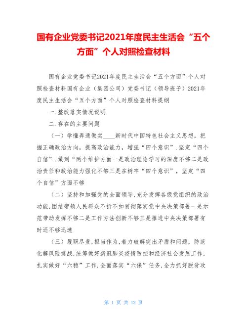 国有企业党委书记2020民主生活会五个方面个人对照检查材料.doc