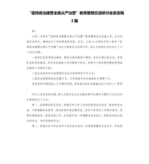 坚持政治建警全面从严治警教育整顿交流研讨会发言稿3篇.docx