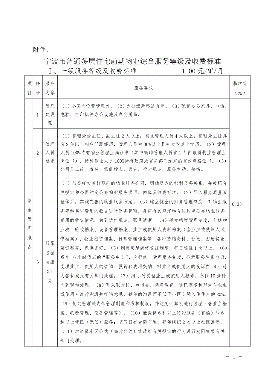 宁波市普通多层住宅前期物业综合服务等级及收费标准.doc_第1页