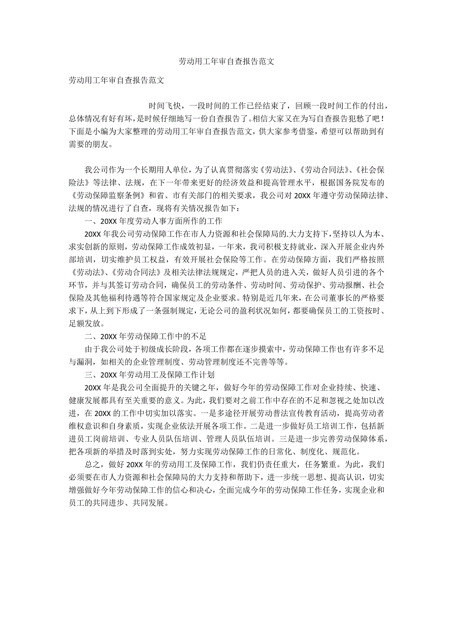 劳动用工年审自查报告范文.docx_第1页