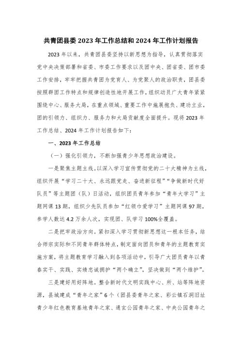 共青团县委2023年工作总结和2024年工作计划报告.doc