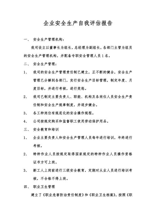 企业安全生产自我评估报告.doc
