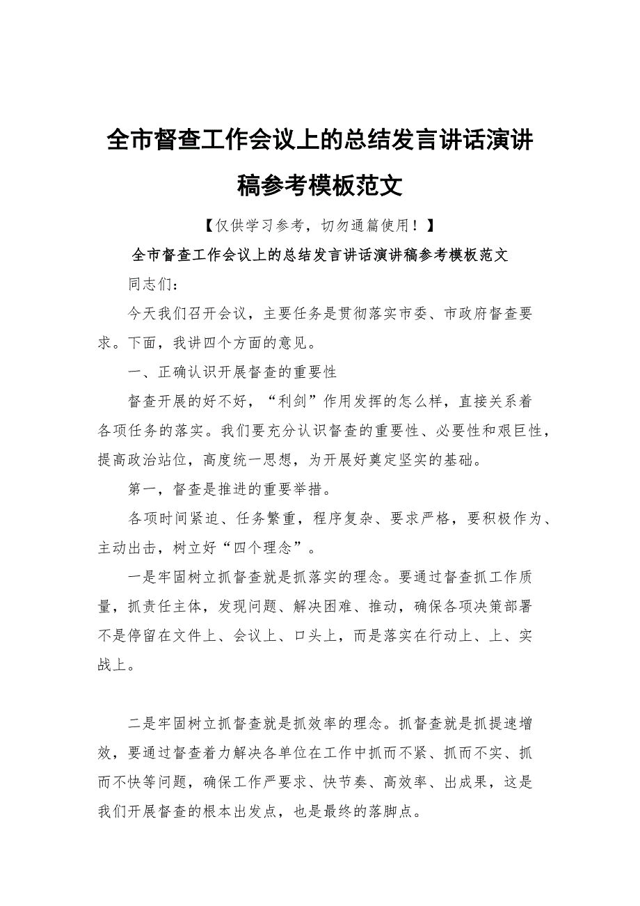 全市督查工作会议上的总结发言讲话演讲稿参考模板范文.docx_第1页