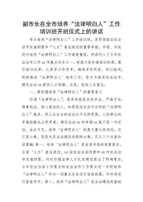 副市长在全市培养法律明白人工作培训班开班仪式上的讲话.docx