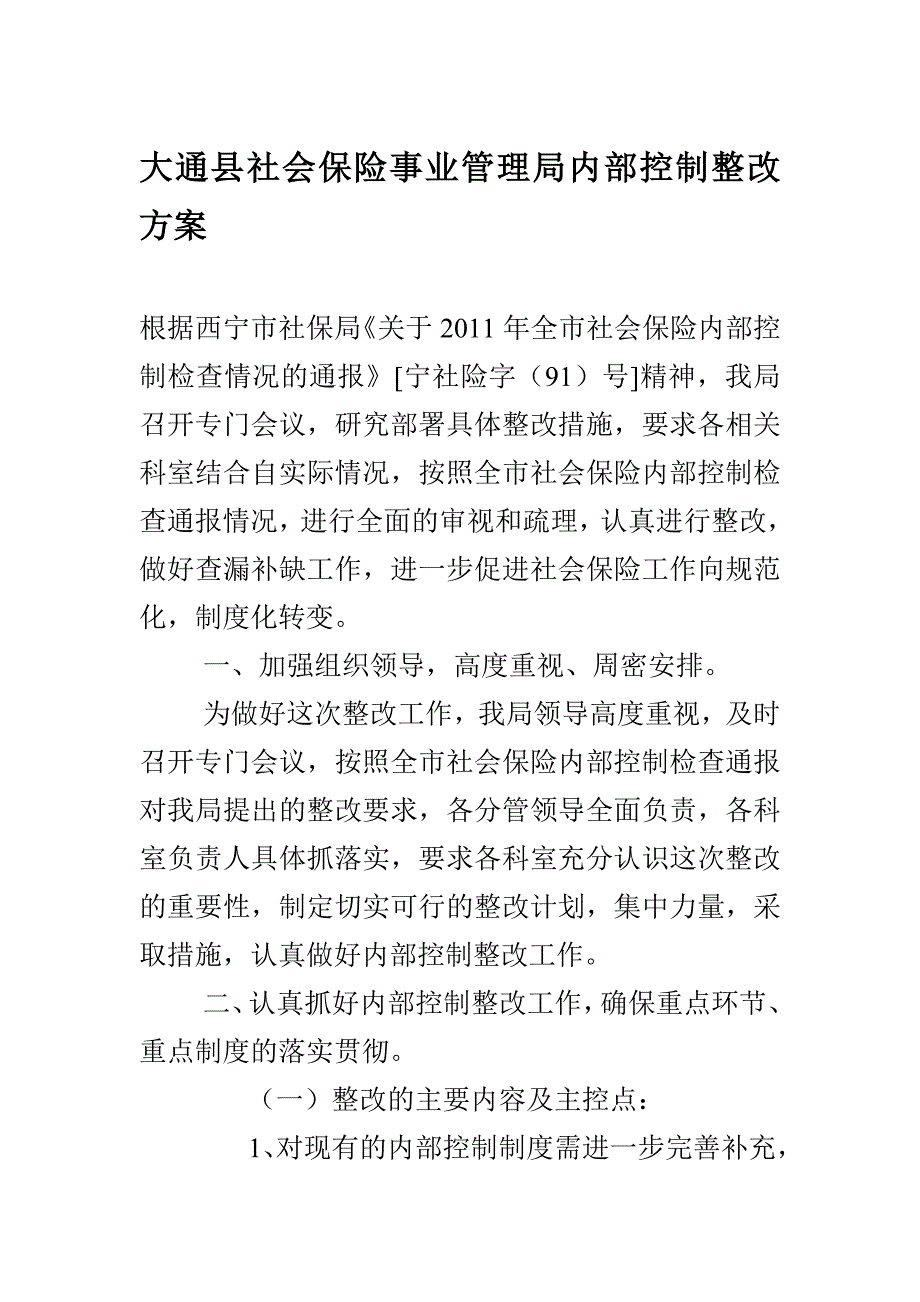 大通县社会保险事业管理局内部控制整改方案.doc_第1页