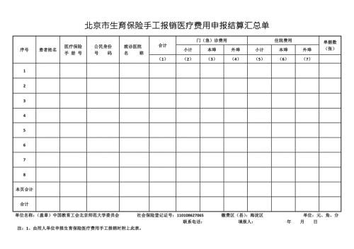 北京市生育保险手工报销医疗费用申报结算汇总单.doc