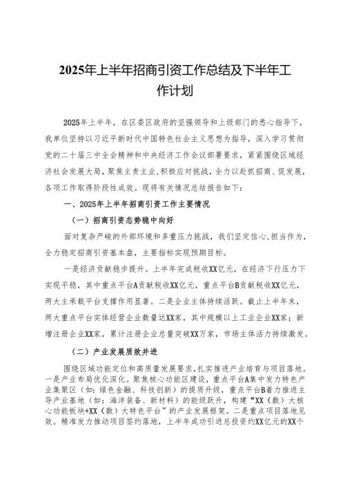 2025年上半年招商引资工作总结及下半年工作计划.docx