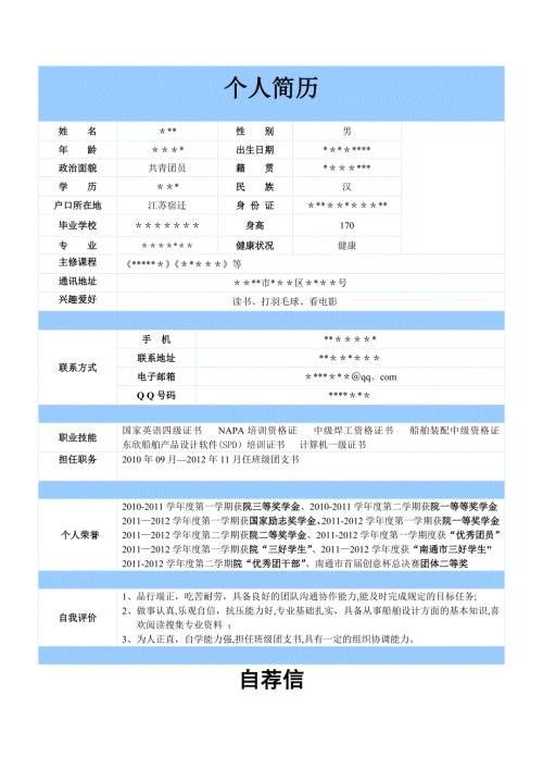 大学生个人简历标准模板精品.doc