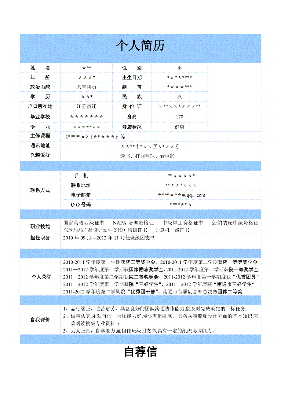 大学生个人简历标准模板精品.doc_第1页