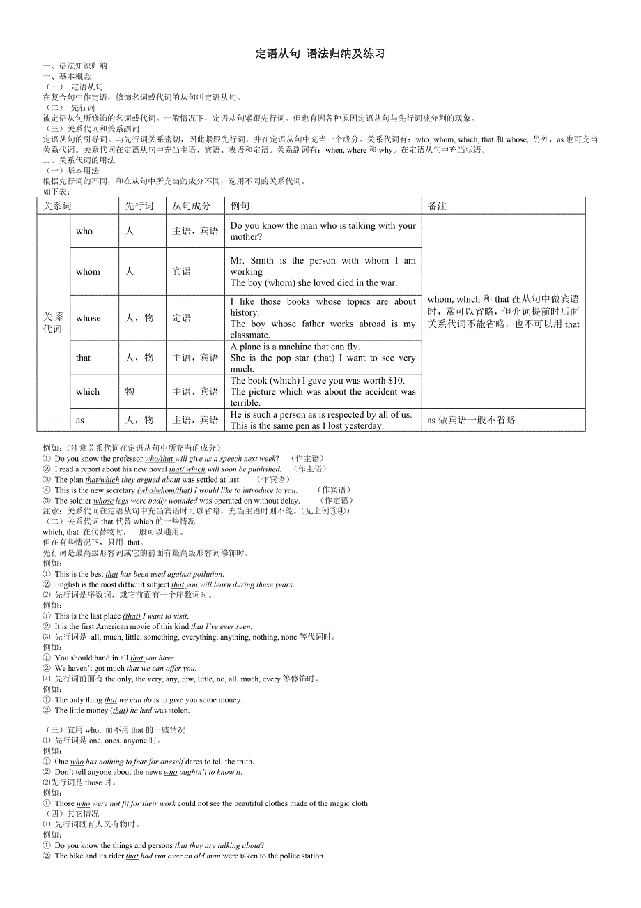 定语从句归纳及专项练习题.doc_第1页