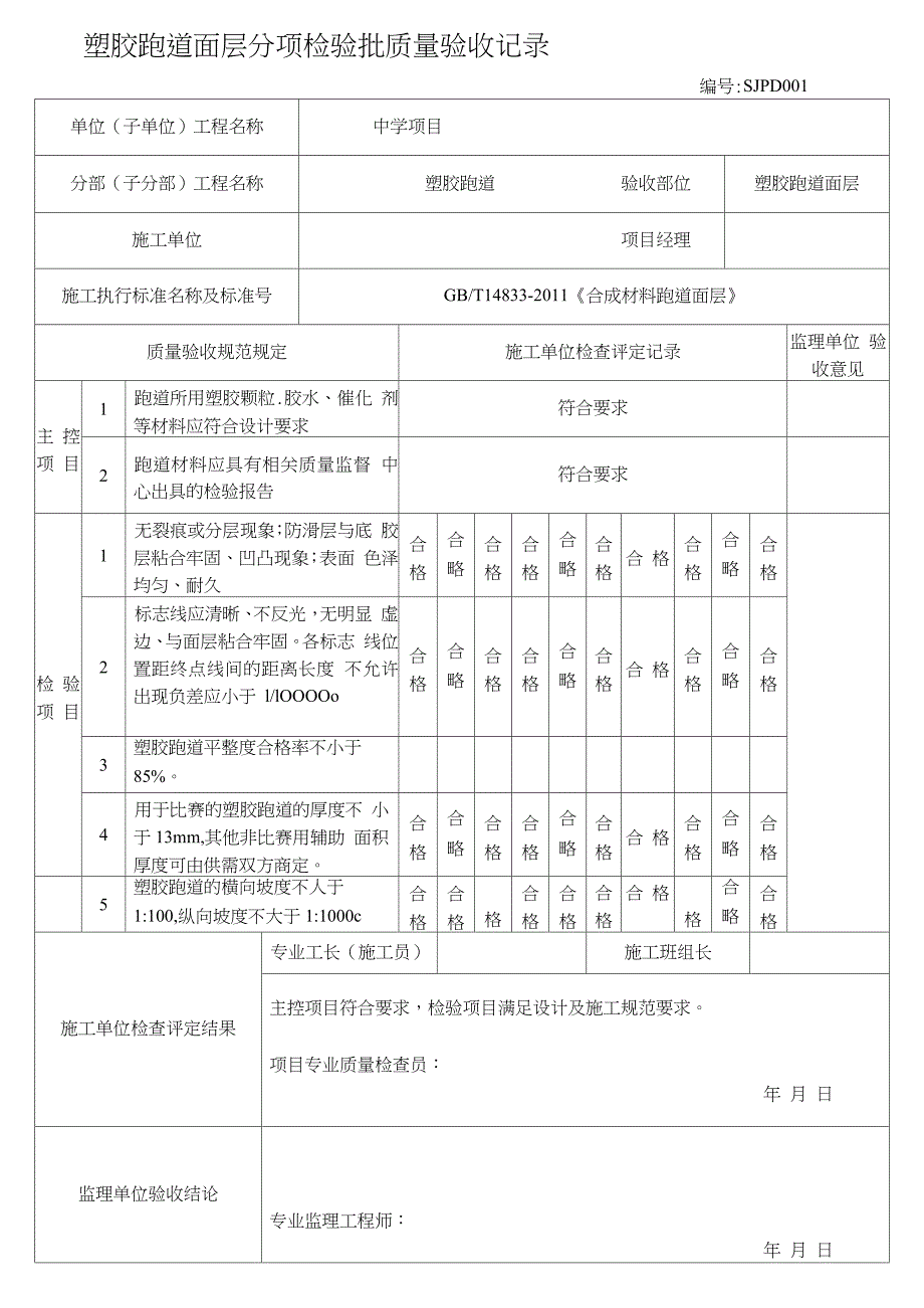塑胶跑道检验批质量验收记录完整版.doc_第1页