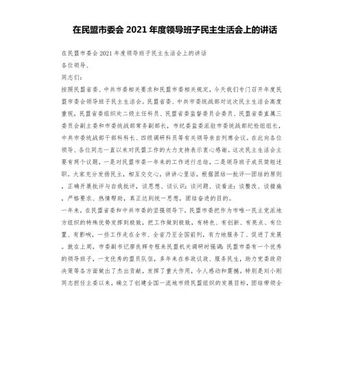 在民盟市委会2021领导班子民主生活会上的讲话.docx