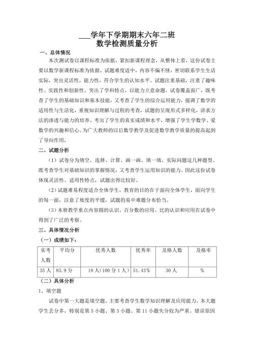 北师大版六年级下学期数学试卷分析.doc