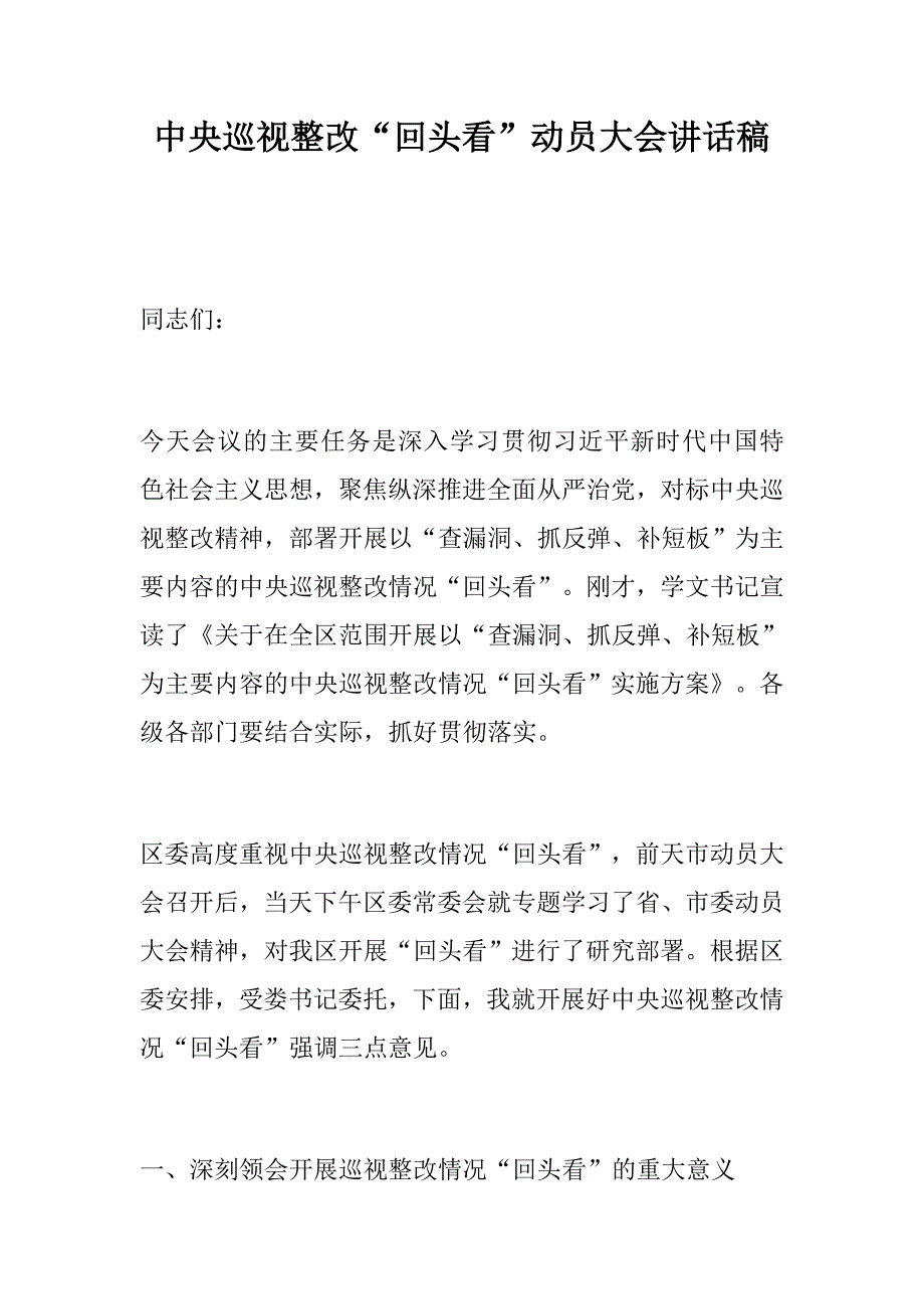 中央巡视整改回头看动员大会讲话稿.docx_第1页