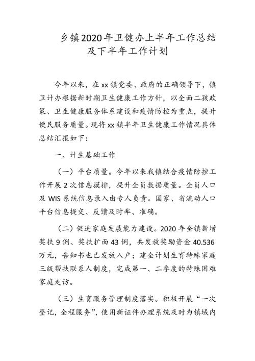 乡镇2020年卫健办上半年工作总结及下半年工作计划.docx
