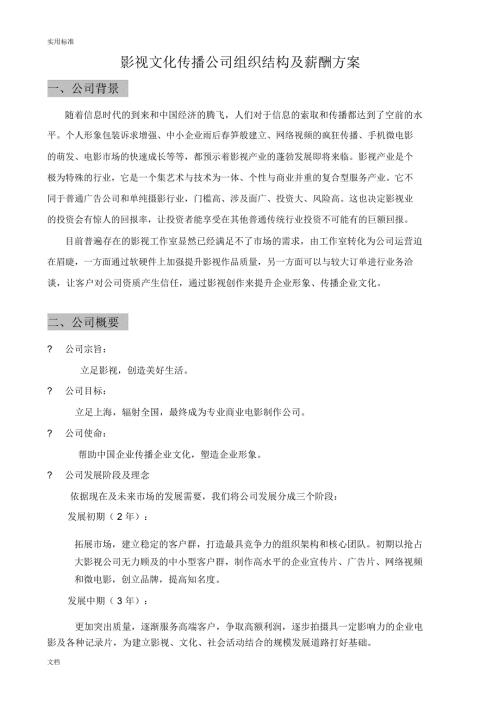 完整版影视文化传播公司管理系统组织结构及薪酬方案设计.doc