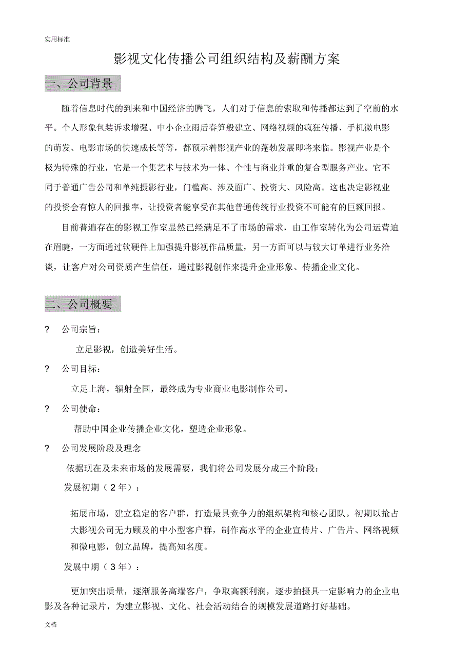 完整版影视文化传播公司管理系统组织结构及薪酬方案设计.doc_第1页