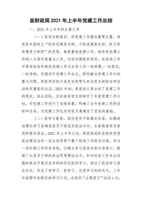 县财政局2021年上半年党建工作总结.doc