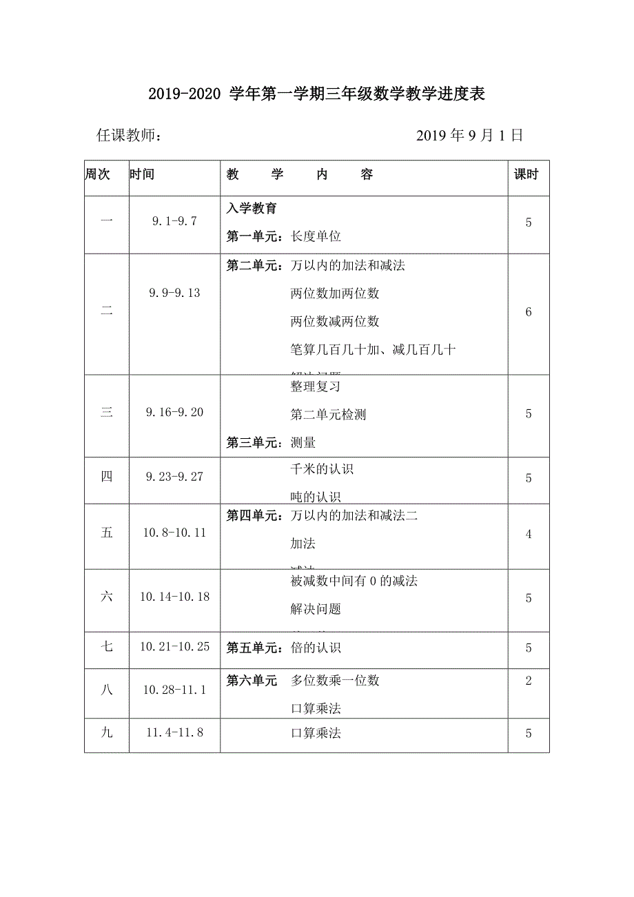 人教版三年级数学上册教学进度表.doc_第1页