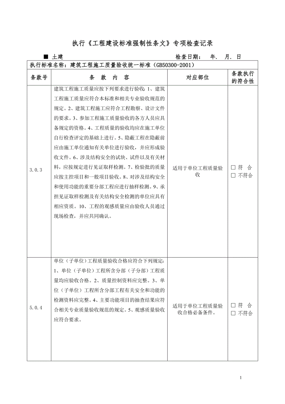 土建工程建设标准强制性条文专项检查记录表.doc_第1页
