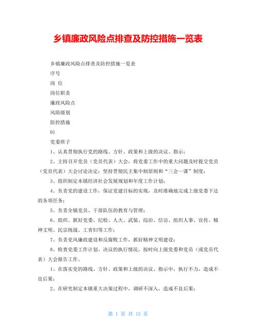 乡镇廉政风险点排查及防控措施一览表.doc