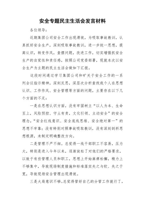 安全专题民主生活会发言材料.doc