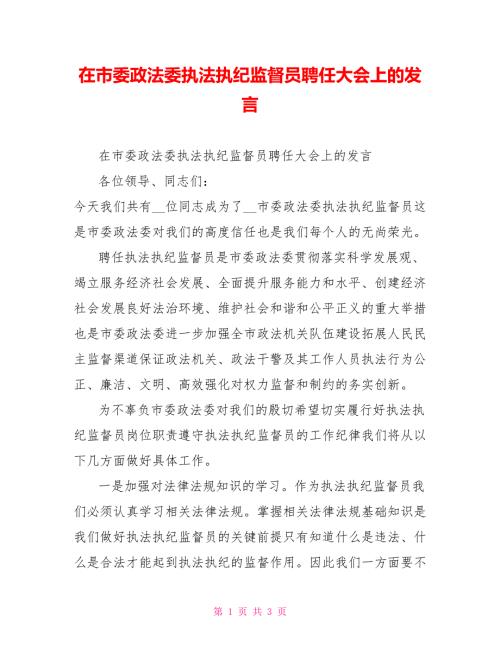 在市委政法委执法执纪监督员聘任大会上的发言.doc