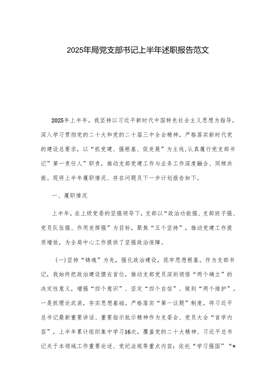 2025年局党支部书记上半年述职报告范文.docx_第1页