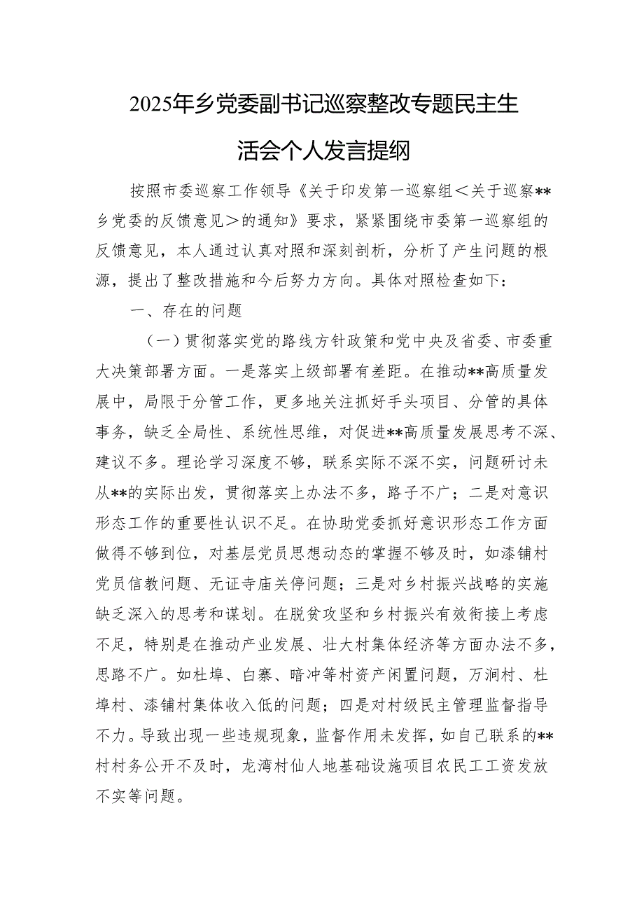 2025年乡党委副书记巡察整改专题民主生活会个人发言提纲.docx_第1页