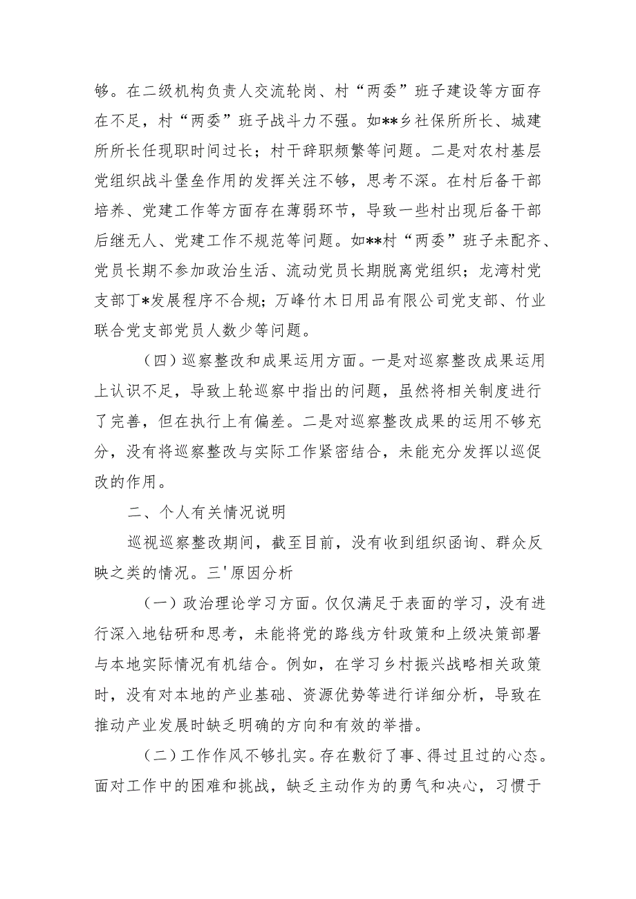 2025年乡党委副书记巡察整改专题民主生活会个人发言提纲.docx_第3页