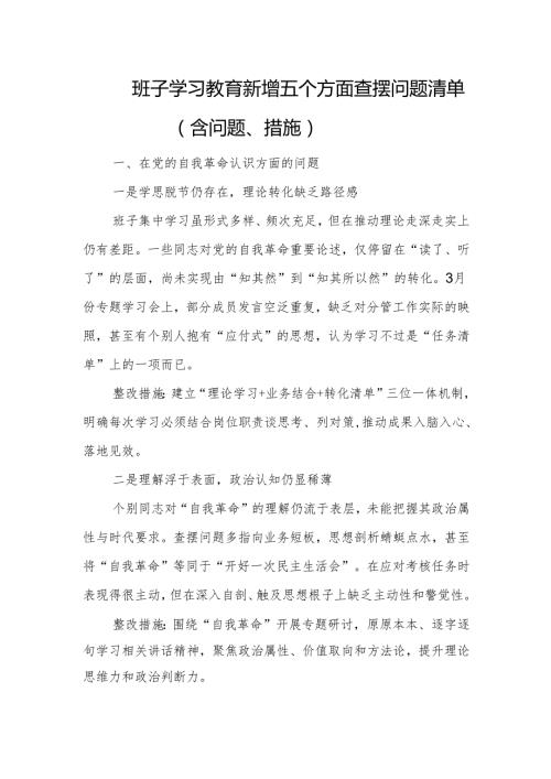 2025班子学习教育新增五个方面查摆问题清单（含问题、措施）.docx