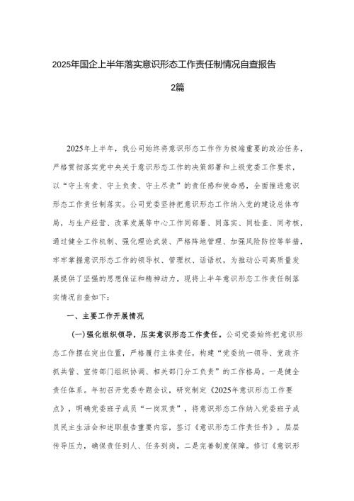 2025年国企上半年落实意识形态工作责任制情况自查报告2篇.docx