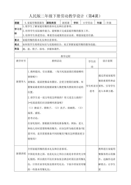 2025-2026学年人民版二年级下册劳动教学设计（第4课）家庭用餐我服务（教案）.docx