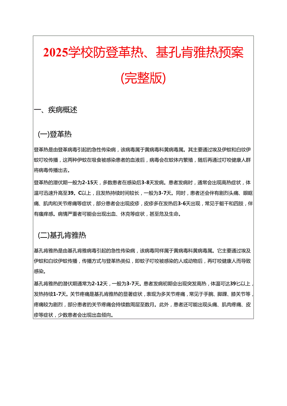 2025学校防登革热、基孔肯雅热预案（完整版）.docx_第1页