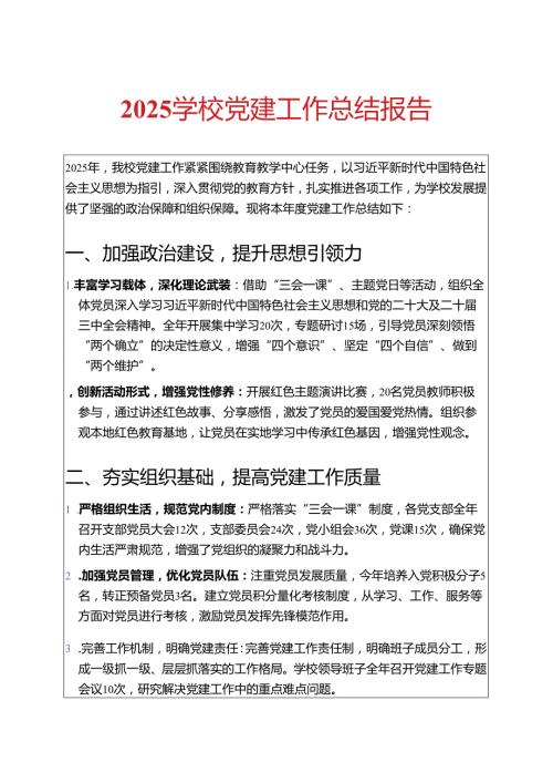 2025学校党建工作总结 .docx