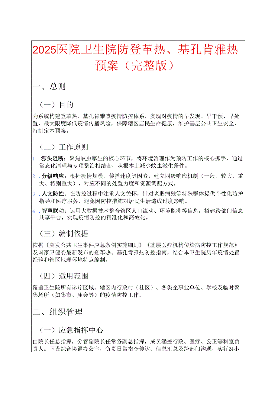 2025 医院卫生院防登革热、基孔肯雅热预案（完整版）.docx_第1页