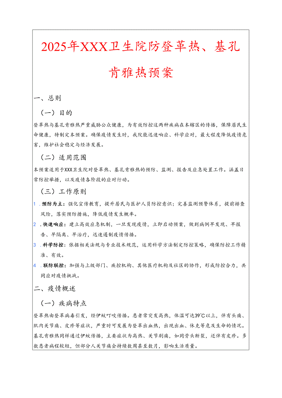 2025年XXX卫生院防登革热、基孔肯雅热预案（范本）.docx_第1页