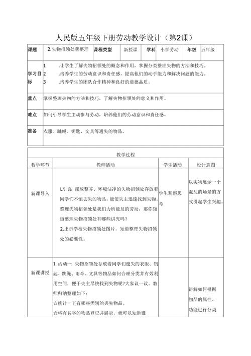 2025-2026学年人民版五年级下册劳动教学设计(第2课)失物招领处我整理（教案）.docx