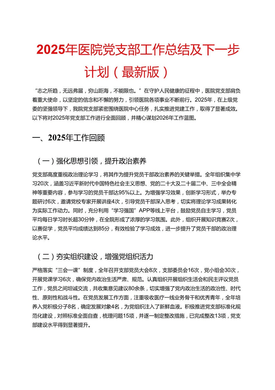 2025 年医院党支部工作总结及下一步计划（最新版）.docx_第1页