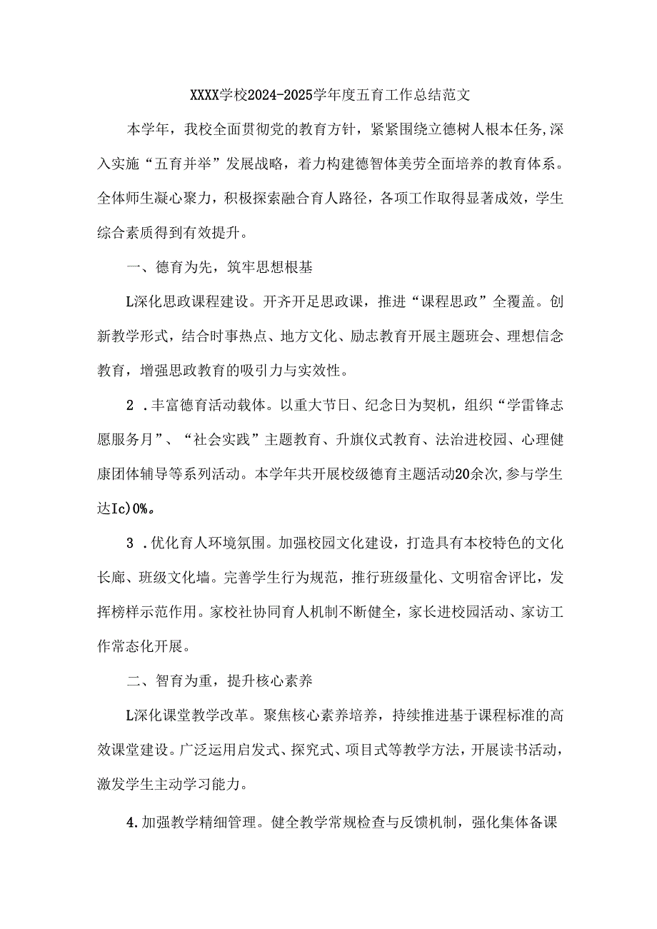 XXXX学校2024-2025学年度五育工作总结范文.docx_第1页