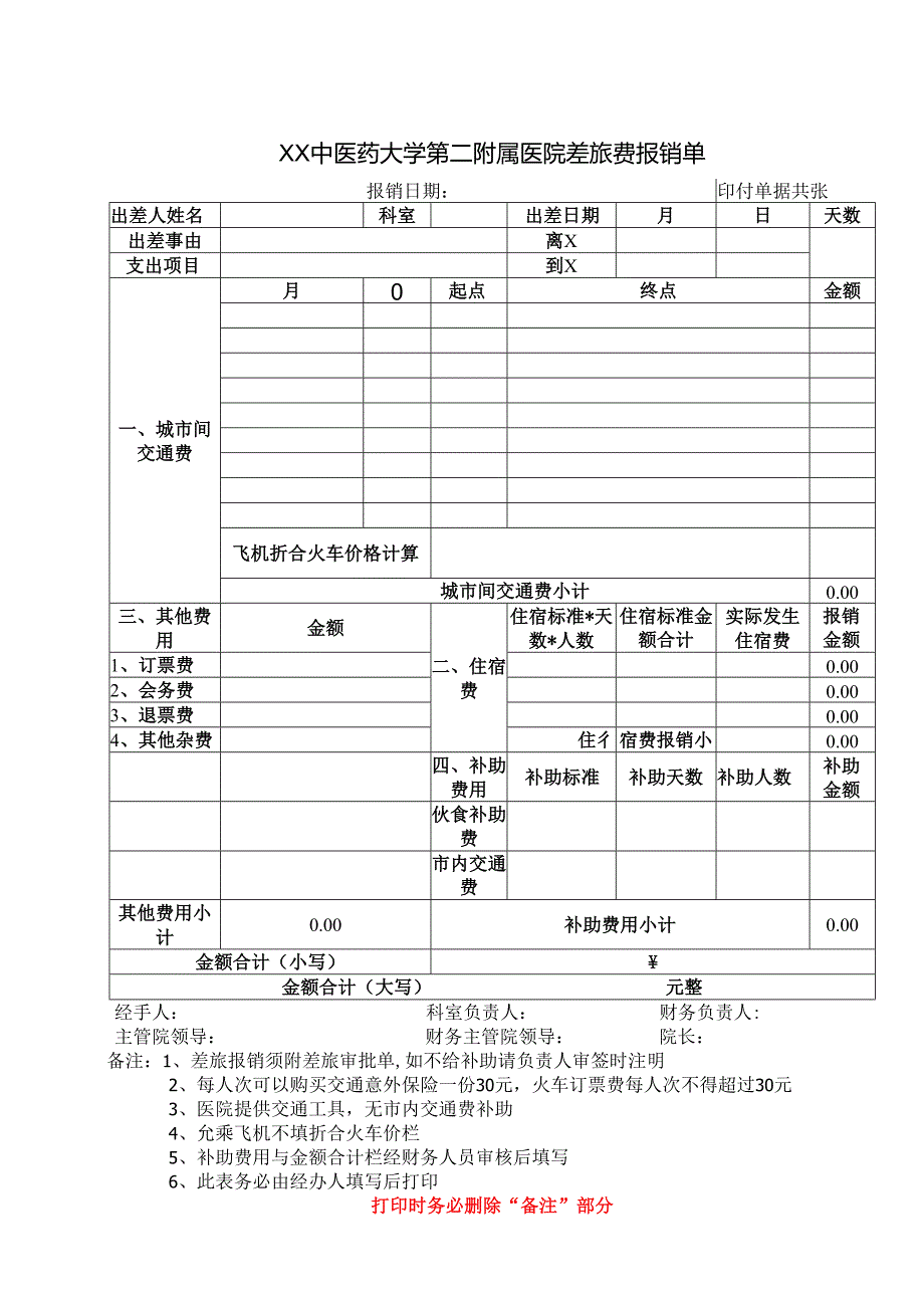 XX中医药大学第二附属医院差旅费报销单（2025年）.docx_第1页