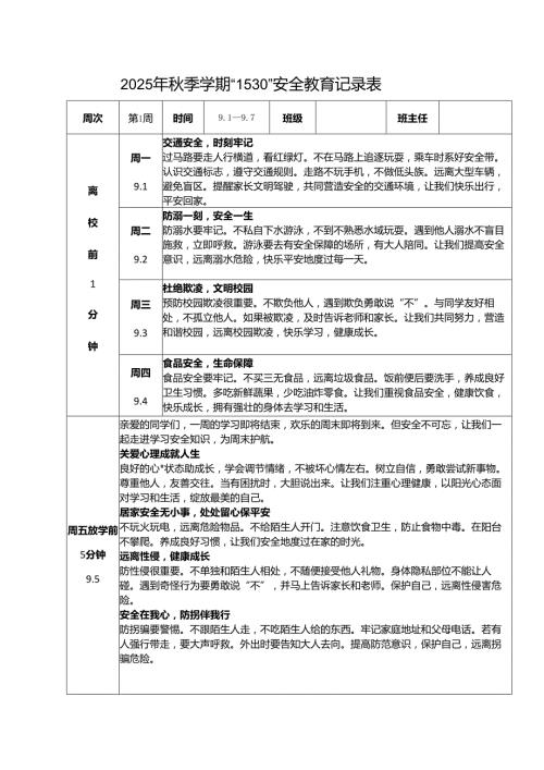 2025年秋季学期各周1530安全教育记录表（共22周）.docx