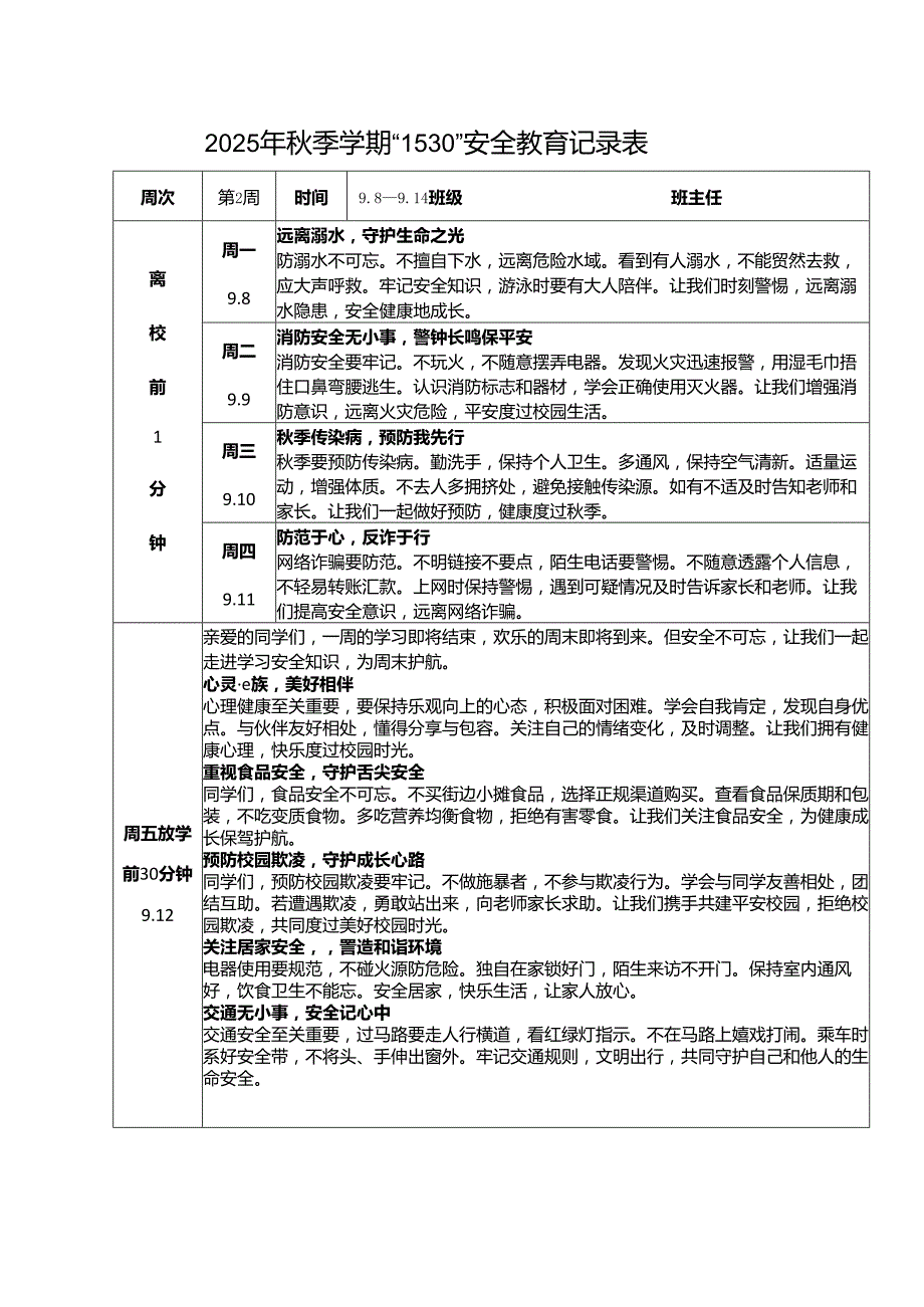 2025年秋季学期各周1530安全教育记录表（共22周）.docx_第2页