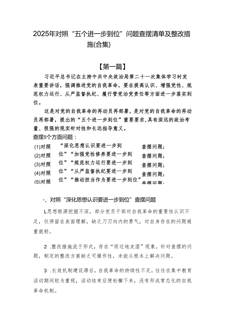 2025年对照“五个进一步到位”问题查摆整改清单台账参考资料.docx_第1页