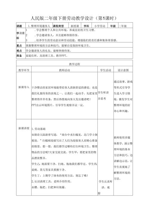 2025-2026学年人民版二年级下册劳动教学设计（第1课时）整理环境邀客人（教案）.docx