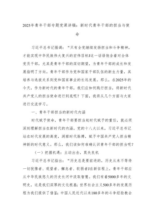 2025年青年干部专题党课讲稿：新时代青年干部的担当与使命.docx