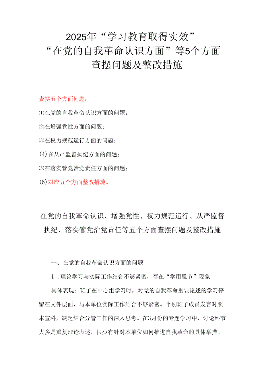 2025年在党的自我革命认识等5个方面查摆问题及整改措施.docx_第1页