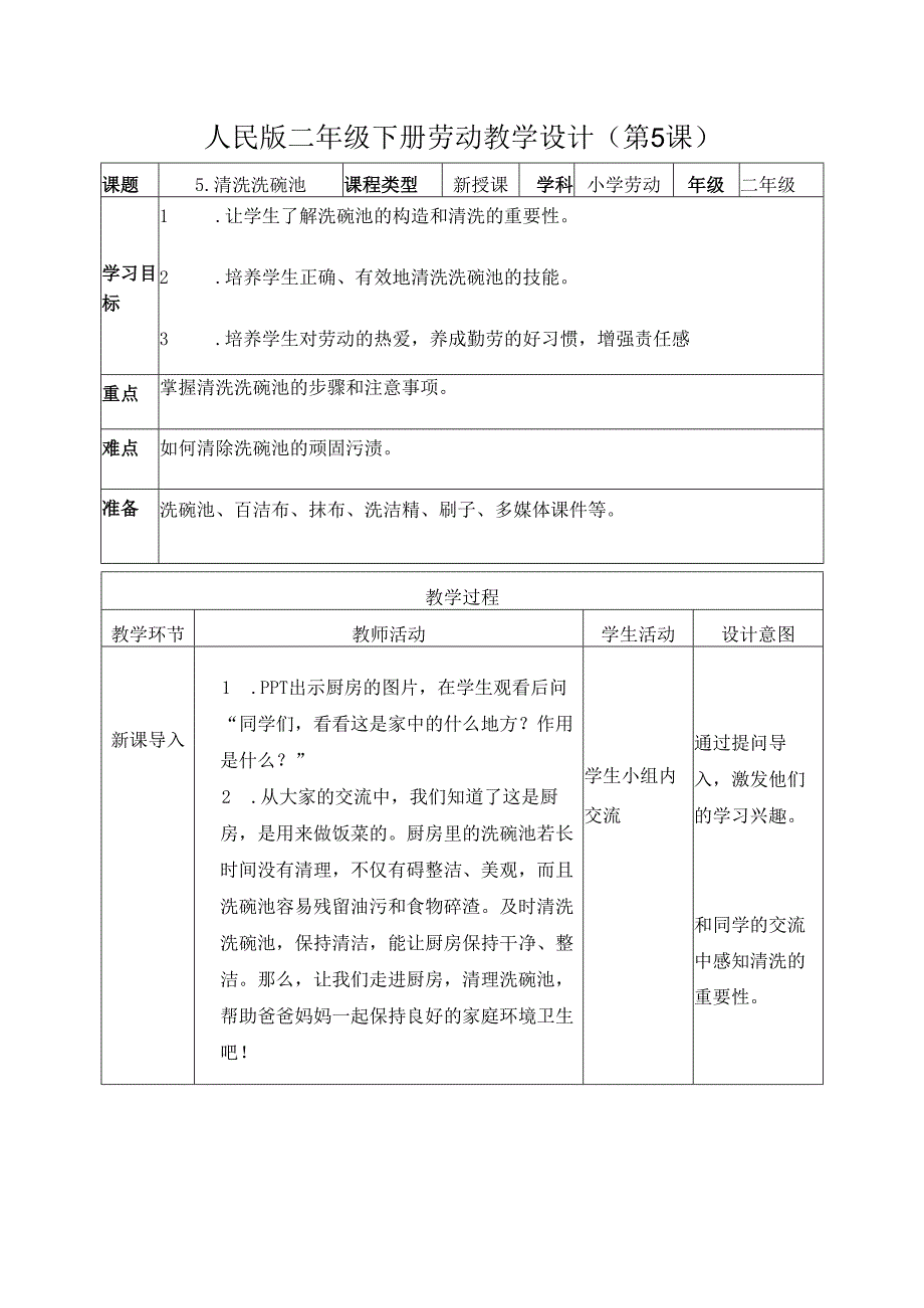 2025-2026学年人民版二年级下册劳动教学设计(第5课)清洗洗碗池(教案).docx_第1页
